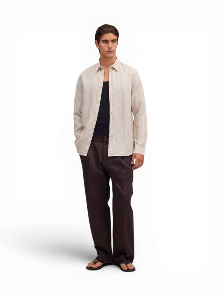 Beige linnen hemd (regular fit) met strepen en lange mouwen NN.07