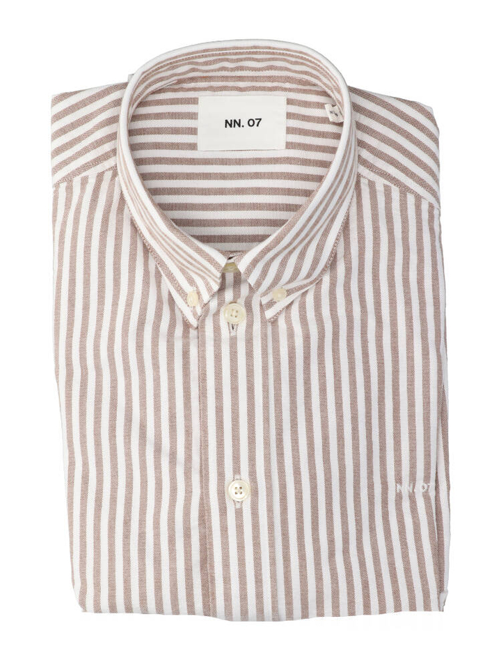 Wit linnen hemd (regular fit) met strepen terracotta en lange mouwen NN.07