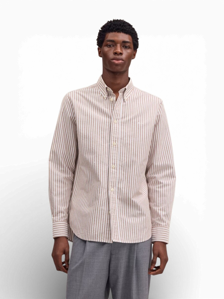 Wit linnen hemd (regular fit) met strepen terracotta en lange mouwen NN.07