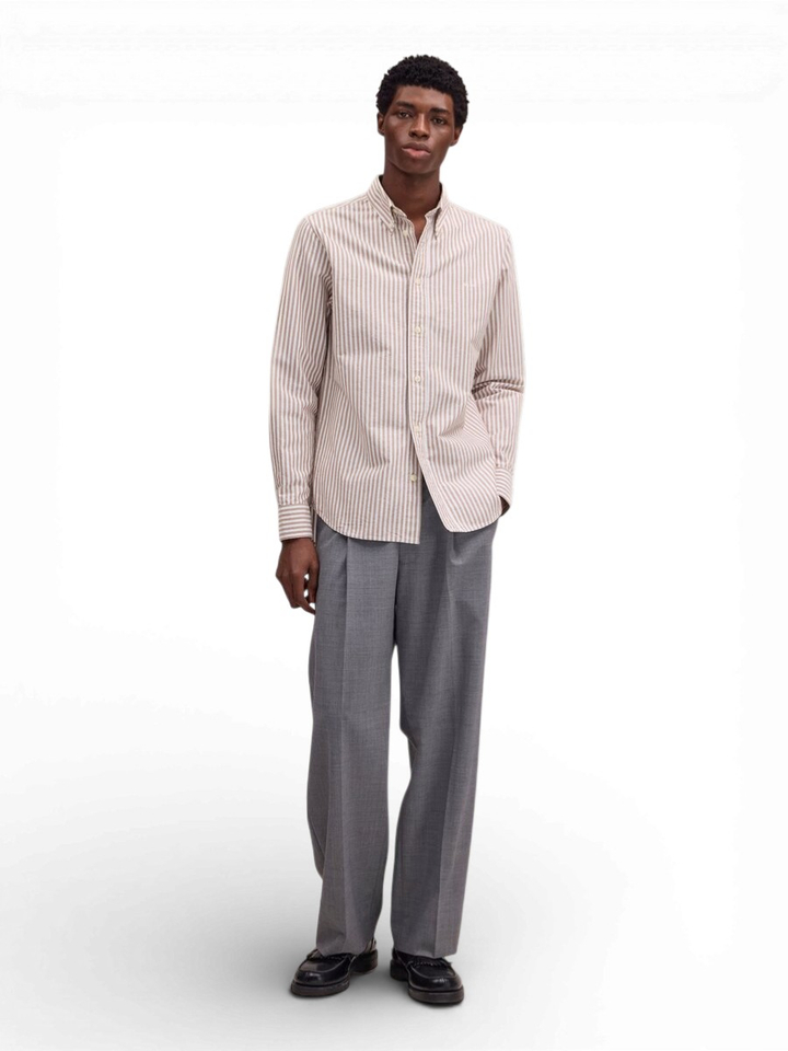 Wit linnen hemd (regular fit) met strepen terracotta en lange mouwen NN.07