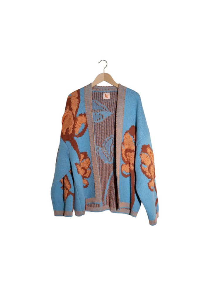 Lichtblauwe gebreide cardigan met oranje print Odussea K&J