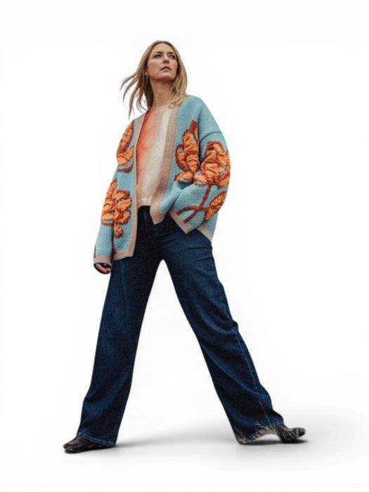 Lichtblauwe gebreide cardigan met oranje print Odussea K&J