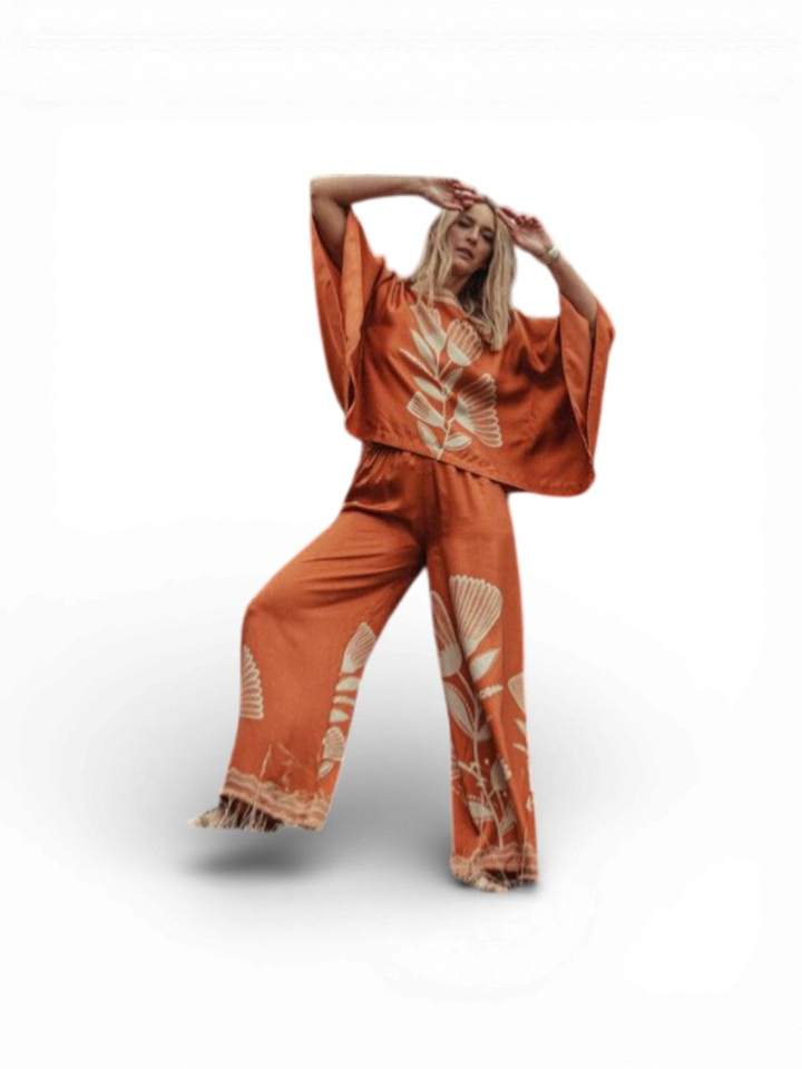 Roestkleurige zijden broek met print Marley K&J