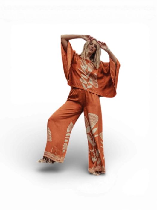 Roestkleurige zijden broek met print Marley K&J
