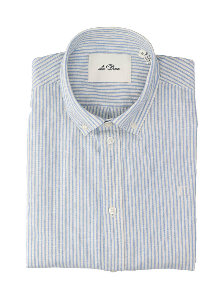 Beige linnen hemd (regular fit) met blauwe strepen en lange mouwen Les Deux 