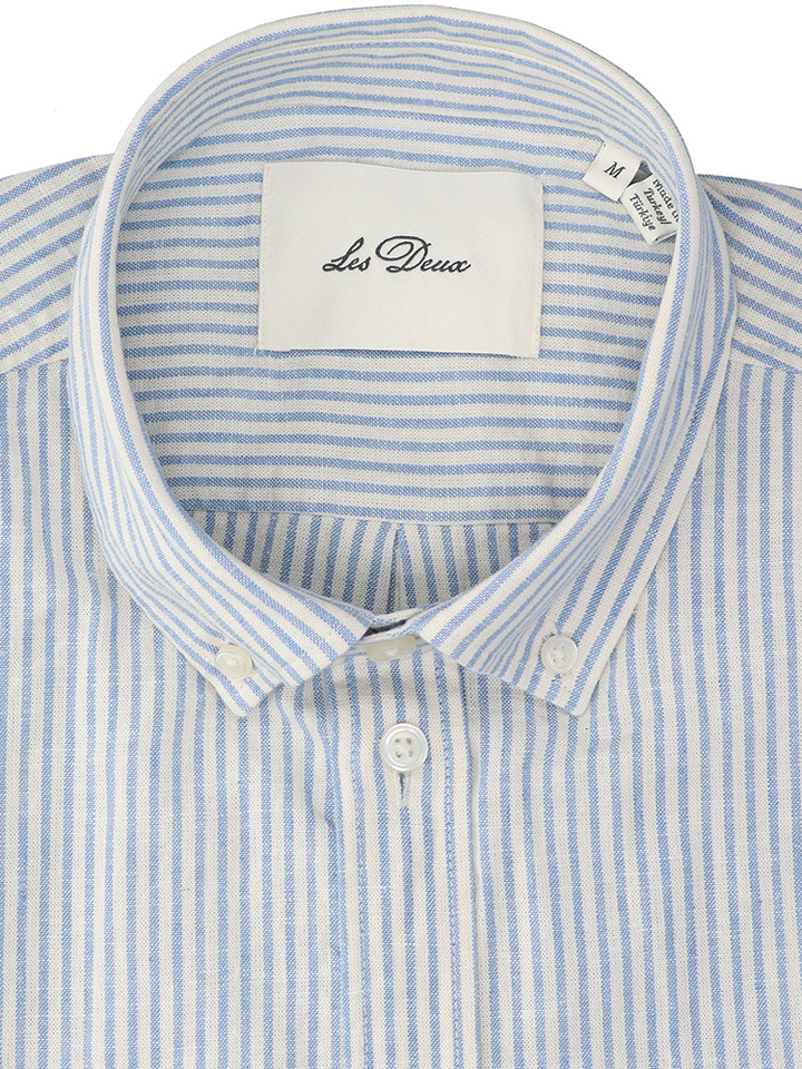 Beige linnen hemd (regular fit) met blauwe strepen en lange mouwen Les Deux 
