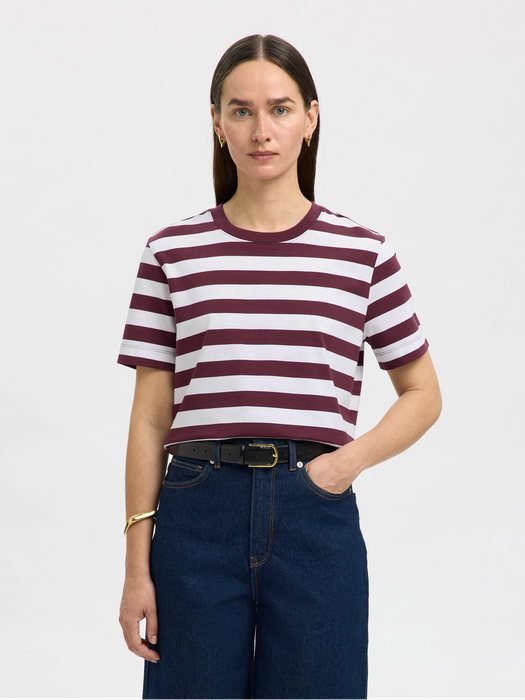 Bordeauw en witte gestreepte katoenen t-shirt Selected