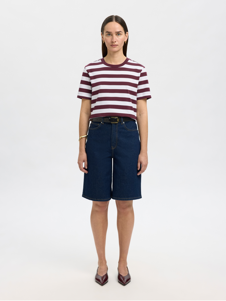 Bordeauw en witte gestreepte katoenen t-shirt Selected 