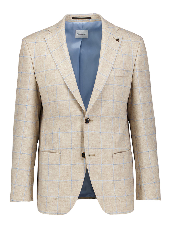 Beige regular fit blazer met lichtblauw motief Sakko Roy Robson