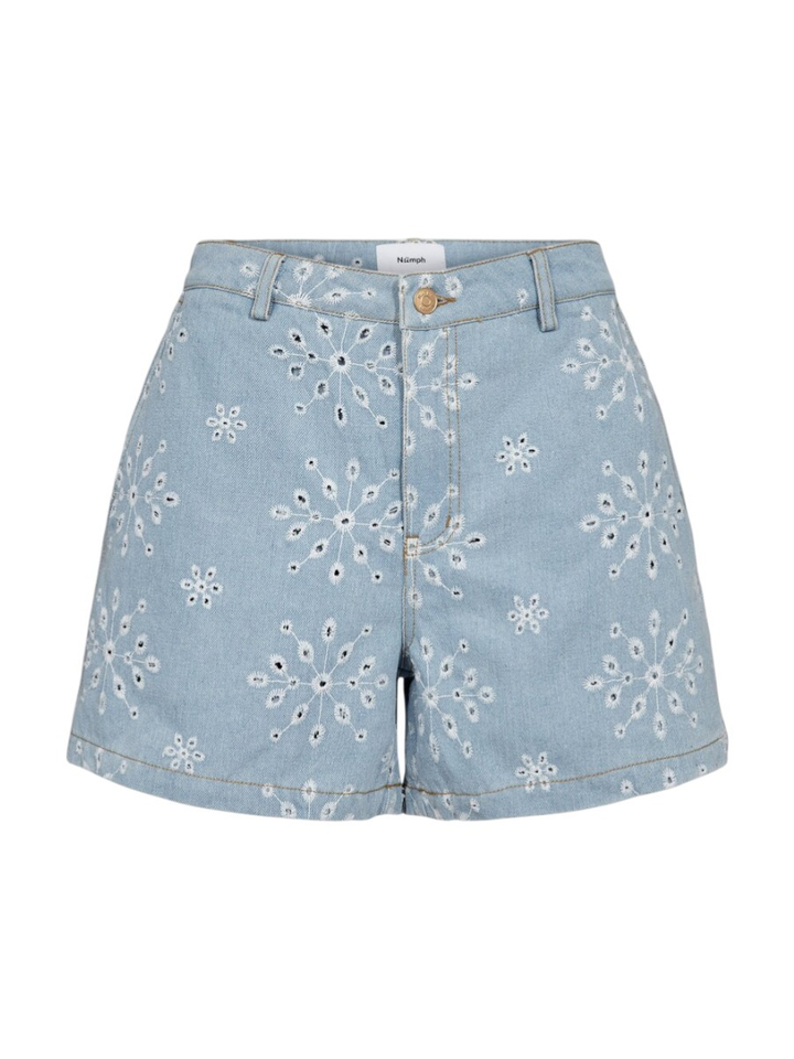 Blauwe jeans short met borduurwerk Nümph