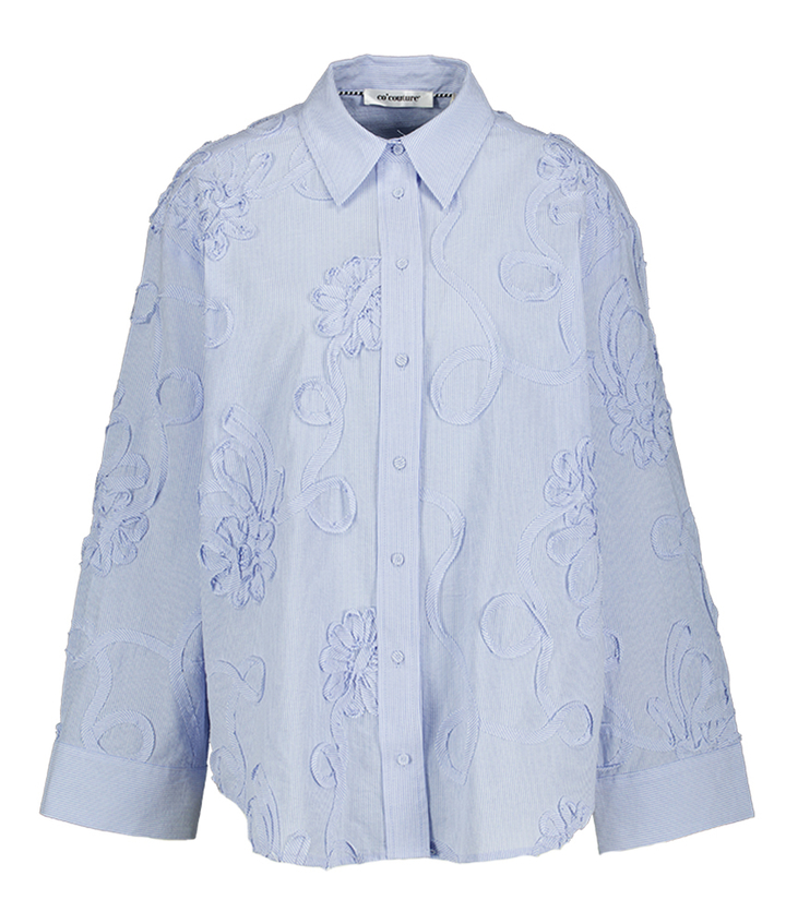 Blauwe gestreepte bloes met bloem detail  Xavier Co'Couture