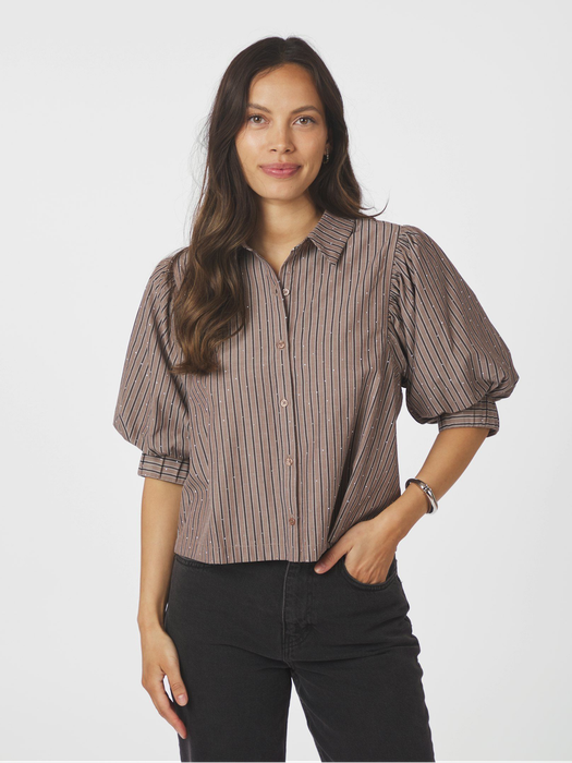 Donkerbruine blouse in strepen met strass Etta Neo Noir