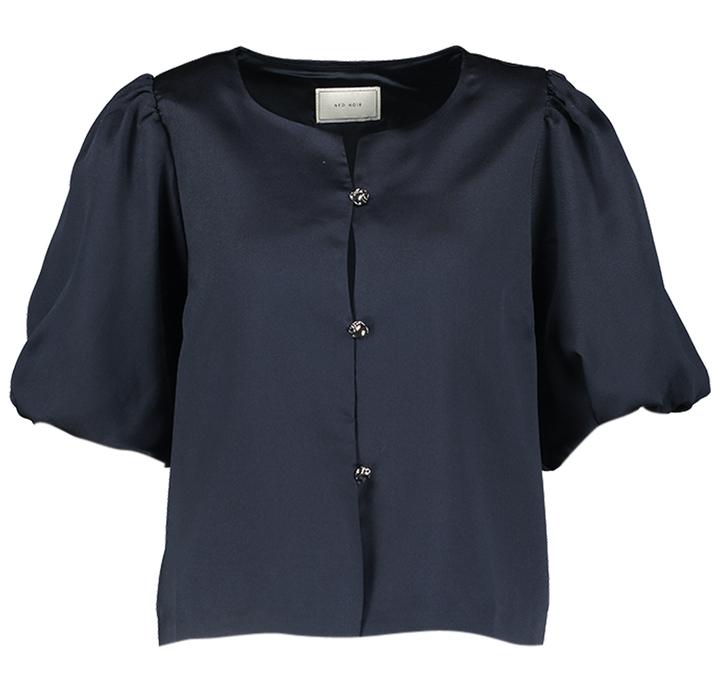 Blauwe bloes met pofmouwen en zilverkleurig  knoop detail Aisa Neo Noir