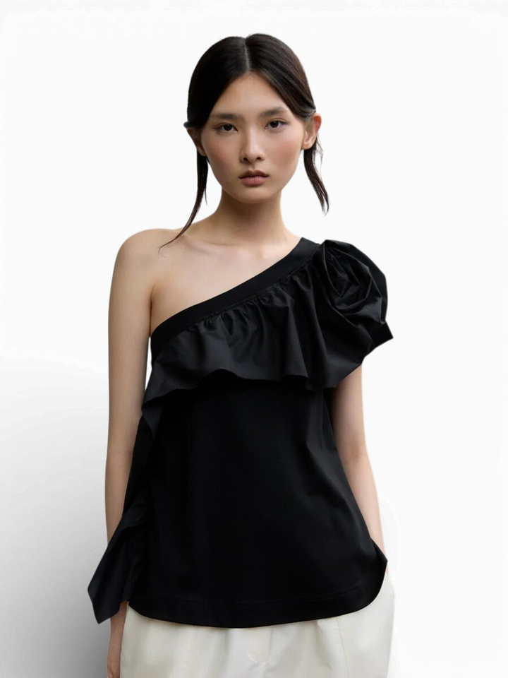 Zwart Off Shoulder T-shirt met ruffles Psophia 