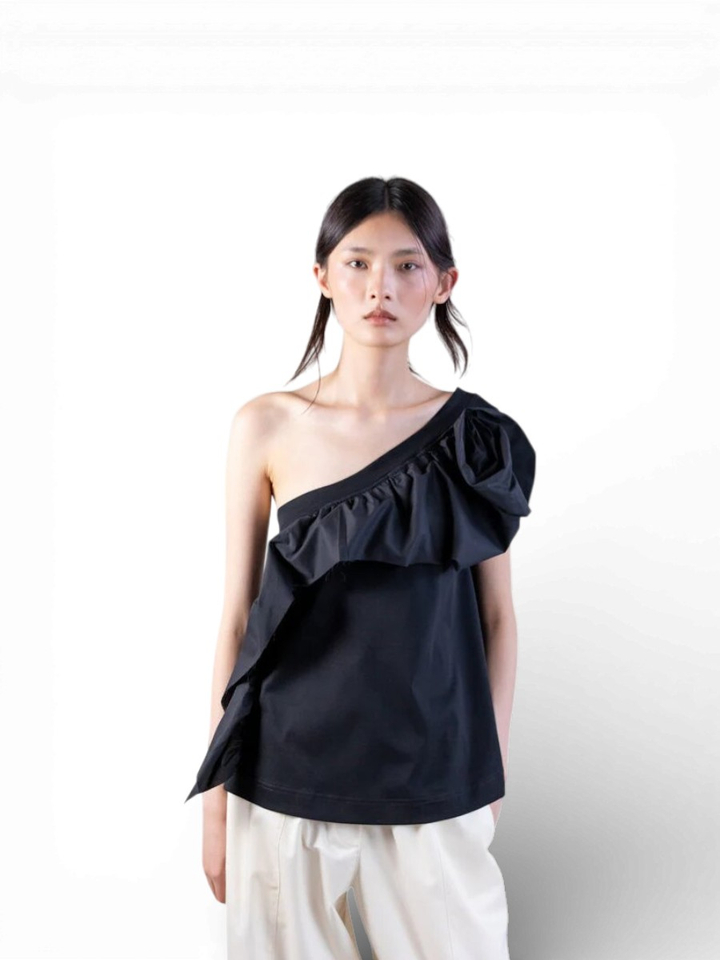 Zwart Off Shoulder T-shirt met ruffles Psophia 