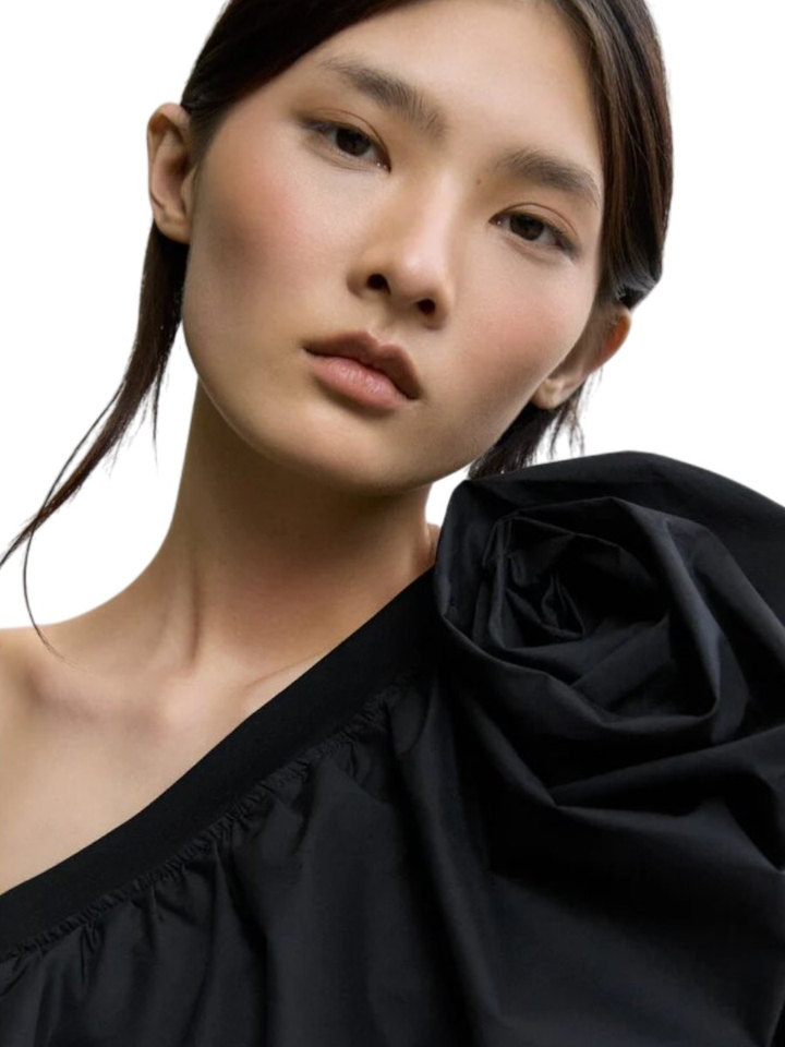 Zwart Off Shoulder T-shirt met ruffles Psophia 