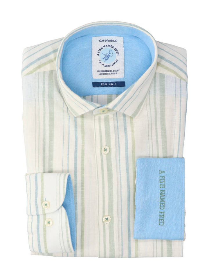 Olive green linnen hemd (regular fit) met strepen en lange mouwen A Fish Named Fred 