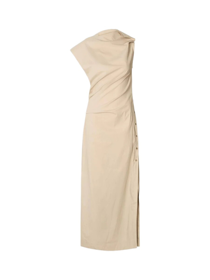 Beige lange jurk met split en knoopdetail Fatou Rabens Saloner 