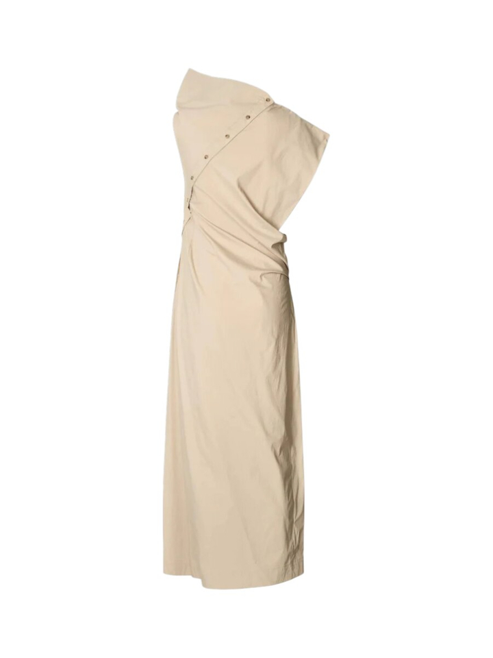Beige lange jurk met split en knoopdetail Fatou Rabens Saloner 