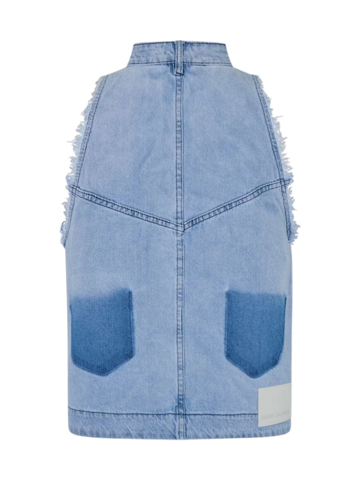 Blauwe mouwloze jeanstop met uitgerafelde mouwen Faya Rabels Saloner