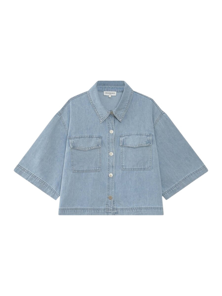 Blauwe oversized jeansvest met korte mouwen Vita Grace&Mila