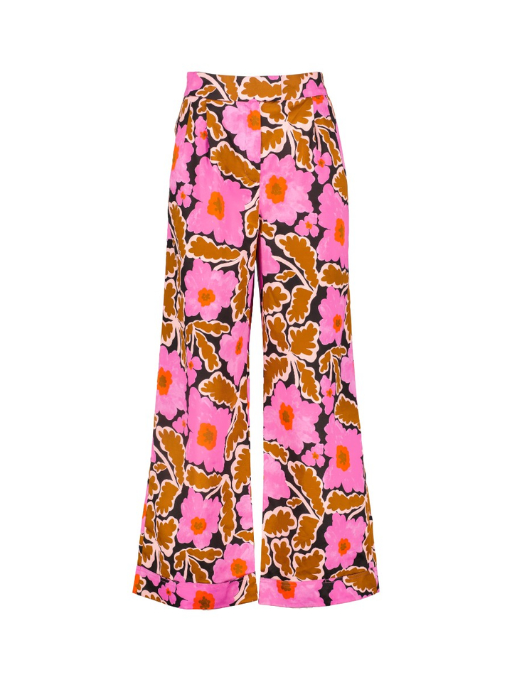 Fushia wijde broek met bandplooi in bloemenprint  Lotus FRNCH