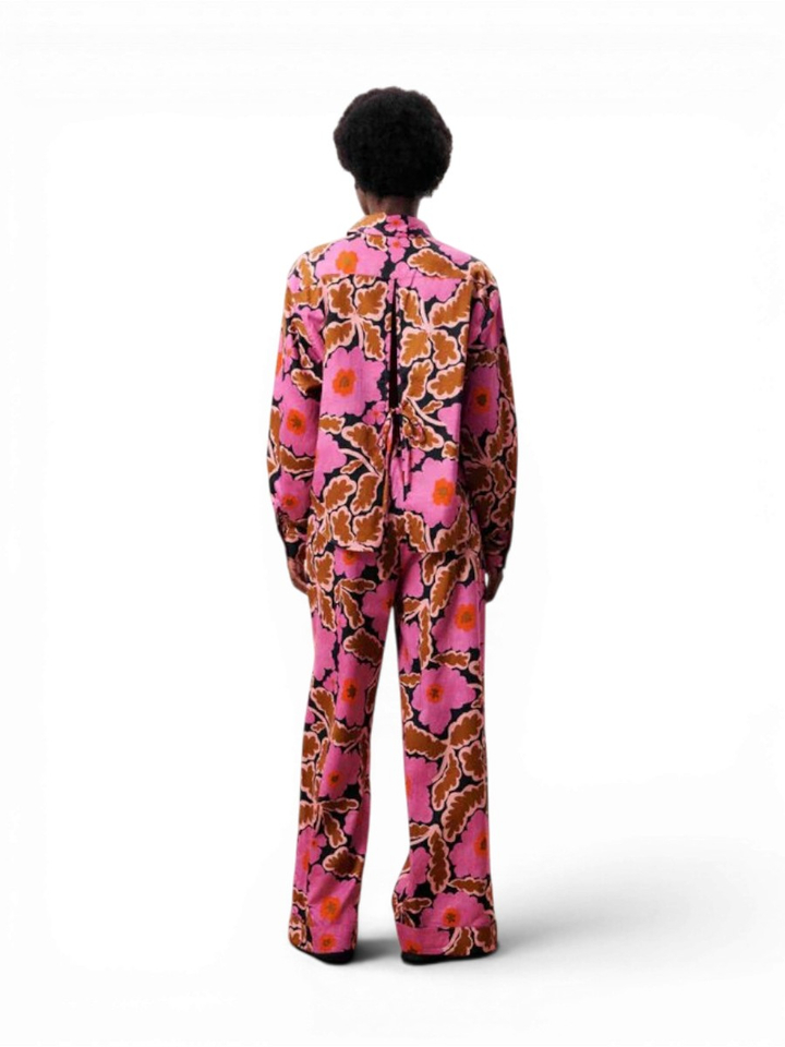 Fushia wijde broek met bandplooi in bloemenprint  Lotus FRNCH