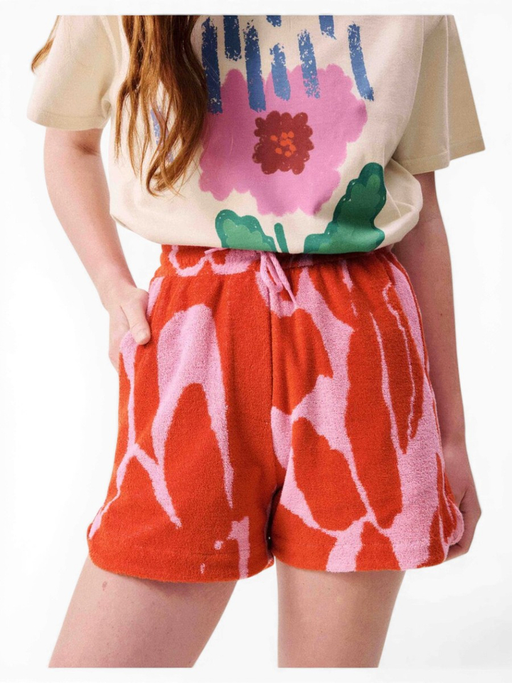 Roze short met rode print in badstof FRNCH
