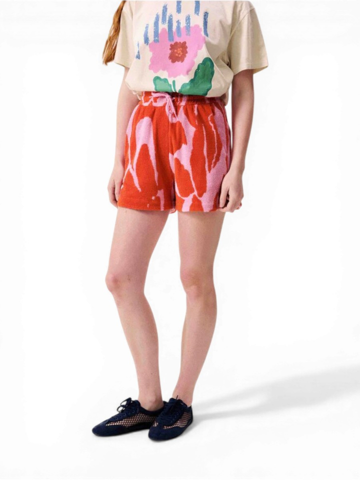 Roze short met rode print in badstof FRNCH