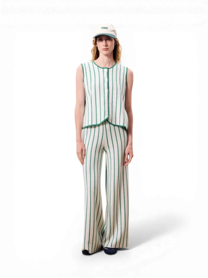 Beige gebreide broek met groene strepen en elastiek Loquinhas FRNCH