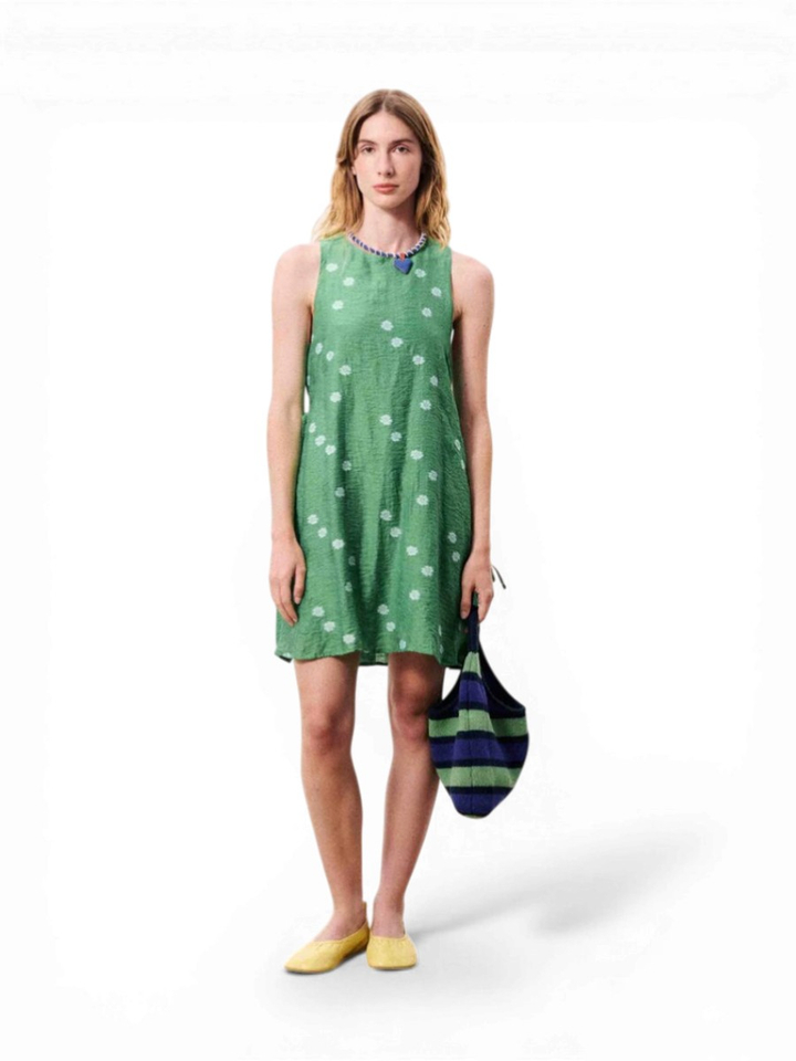 Groene jurk met blauwe bloempjes en strik detail Ilhabela FRNCH