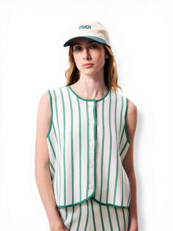 Beige gebreide mouwloze gilet met groene strepen Niagara FRNCH