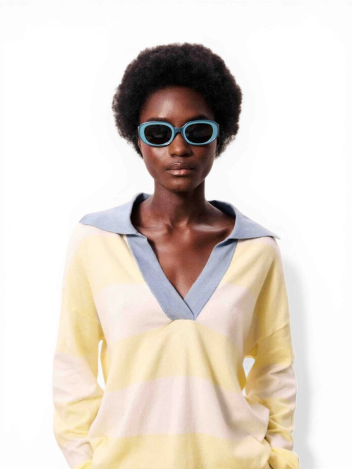 Gele gestreepte sweater met blauwe v-hals Hyrdalis Frnch