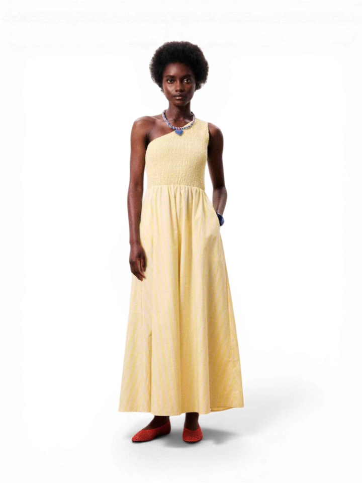 Gele gestreepte jurk met smok Selkie FRNCH