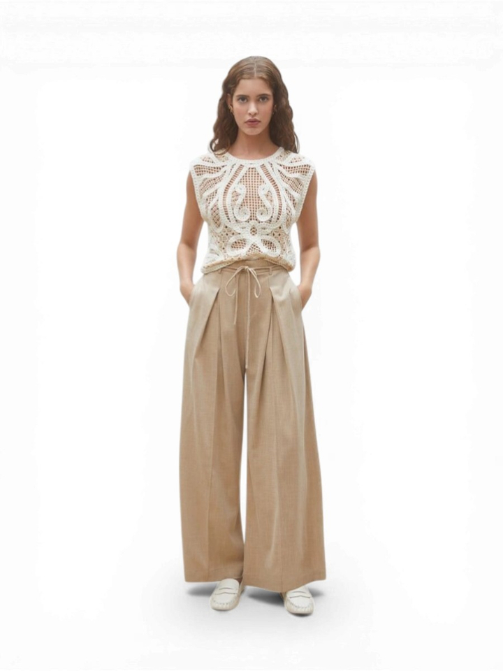 Beige wijde broek met bandplooi Jeff Suncoo 