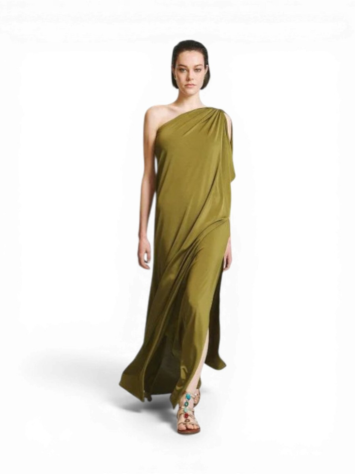 Groene jurk met één schouder en een metallic detail Access
