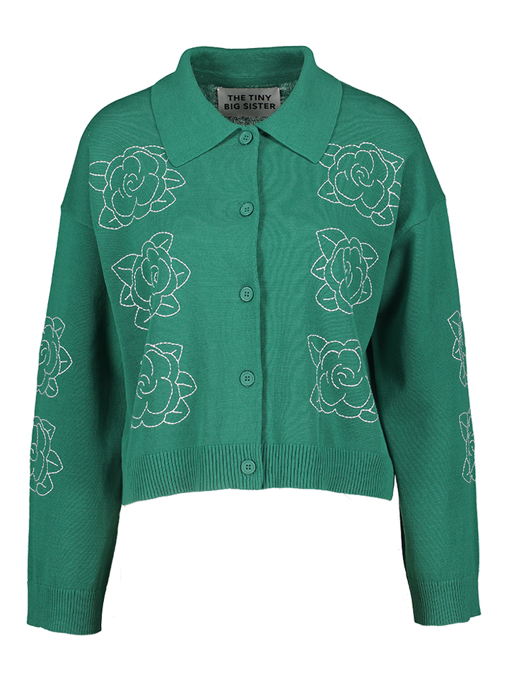 Groene gilet met bloemen stikking The Tiny Big Sister