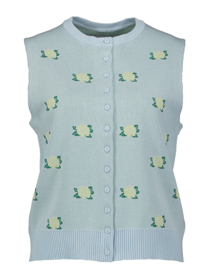 Blauwe gilet met bloemeprint The Tiny Big Sister
