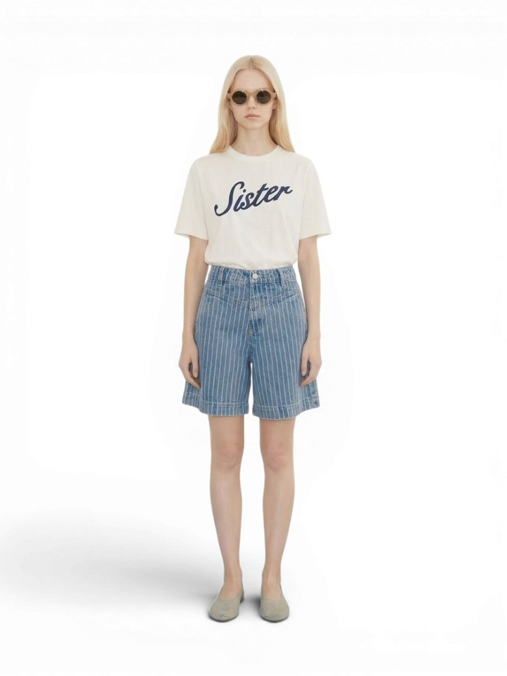 Lichtblauwe denim short met strepen The Tiny Big Sister