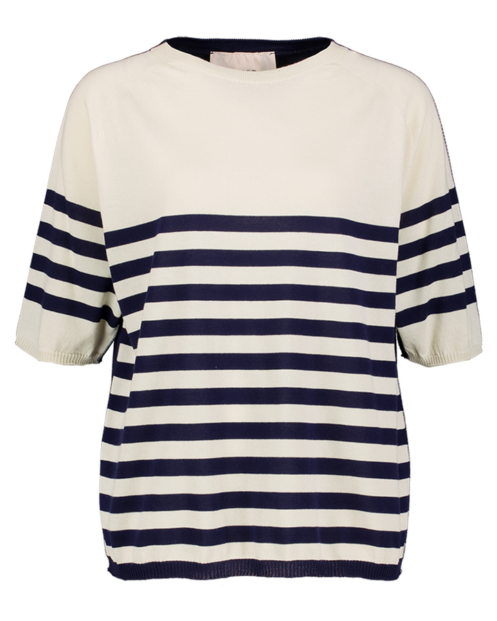 Blauwe gestreept pull met ecru FLoor 