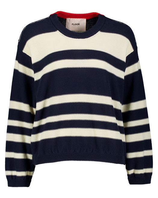 Donkerblauwe gestreepte pull met rood detail op rugzijde Floor