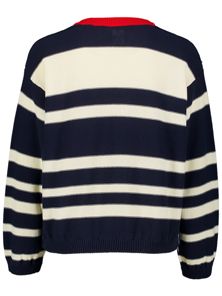Donkerblauwe gestreepte pull met rood detail op rugzijde Floor