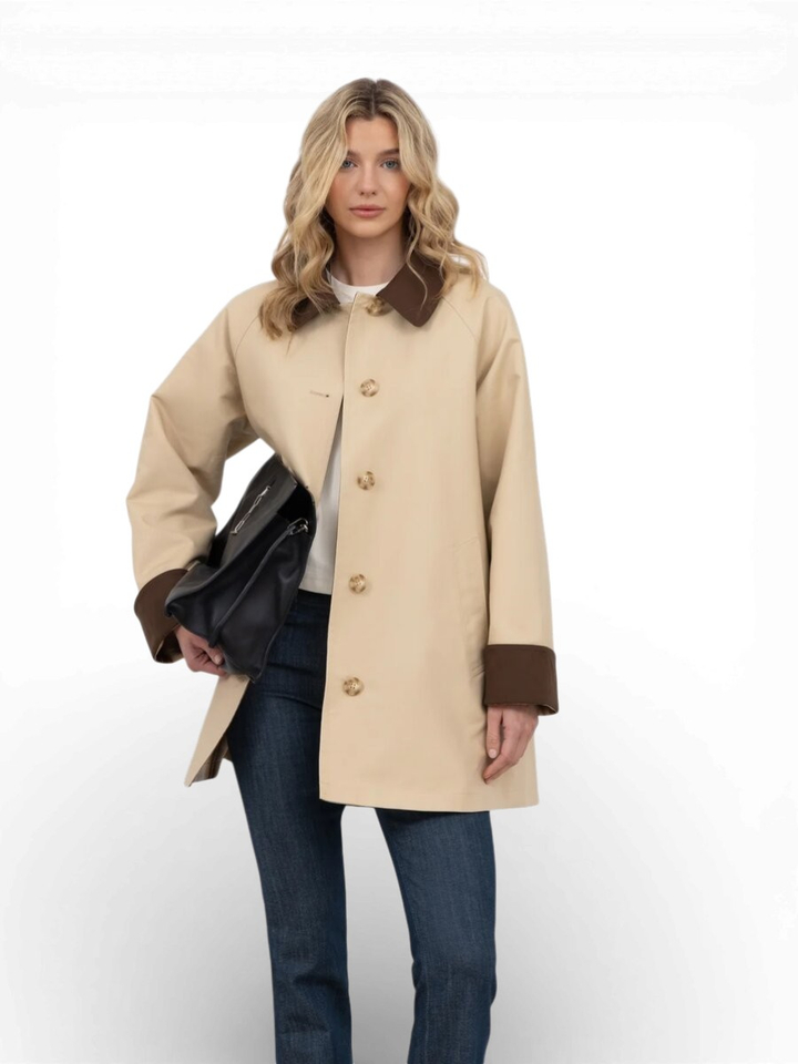 Beige halflange jas omkeerbaar met detail bruin Urbancode 