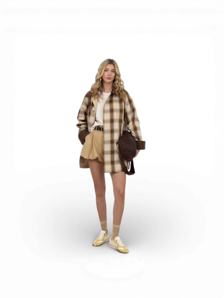 Beige halflange jas omkeerbaar met detail bruin Urbancode 