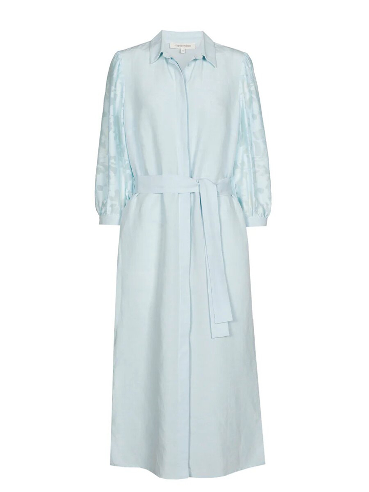 Blauwe jurk met doorzichtige mouwen met print Marie Mero 