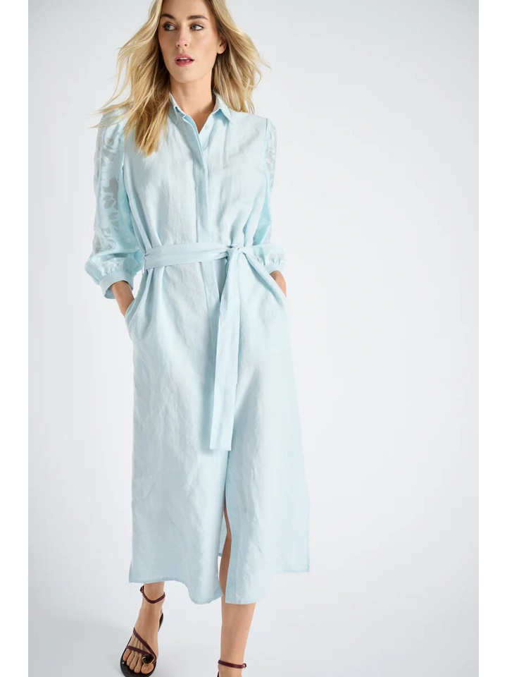 Blauwe jurk met doorzichtige mouwen met print Marie Mero 