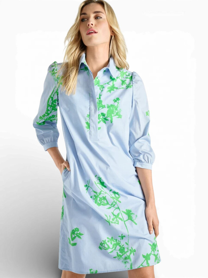 Blauwe jurk met groene bloemenprint Marie Mero