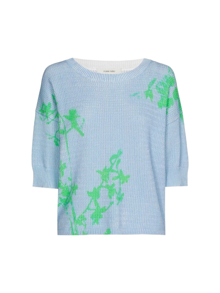 Blauwe gebreide trui met groene en bloemprint Marie Mero 