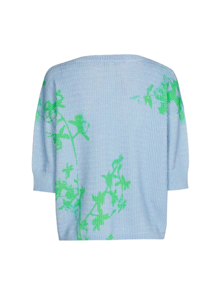 Blauwe gebreide trui met groene en bloemprint Marie Mero 