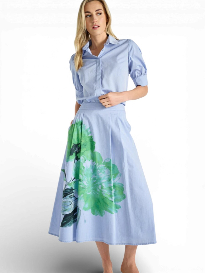 Blauwe rok met groene bloemenprint Marie Mero